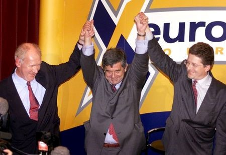 Euronext Chairman and CEO Jean Francois Theodore (C), Euronext Chief Operating Officer George Moller (L) and Euronext Secretary General Olivier Lefebvre cheer on their new company during the Euronext launch event in the Park Plaza in Amsterdam, September 22, 2000. Euronext is the European Exchange created by the merger between Amsterdam Exchanges (AEX), Brussels Exchanges (BXS) and the Paris Bourse. FEE/WS Euronext Chairman and CEO Jean Francois Theodore (C), Euronext Chief Operating Officer George Moller (L) and Euronext Secretary General Olivier Lefebvre cheer on their new company during the Euronext launch event in the Park Plaza in Amsterdam, September 22, 2000. Euronext is the European Exchange created by the merger between Amsterdam Exchanges (AEX), Brussels Exchanges (BXS) and the Paris Bourse. FEE/WS