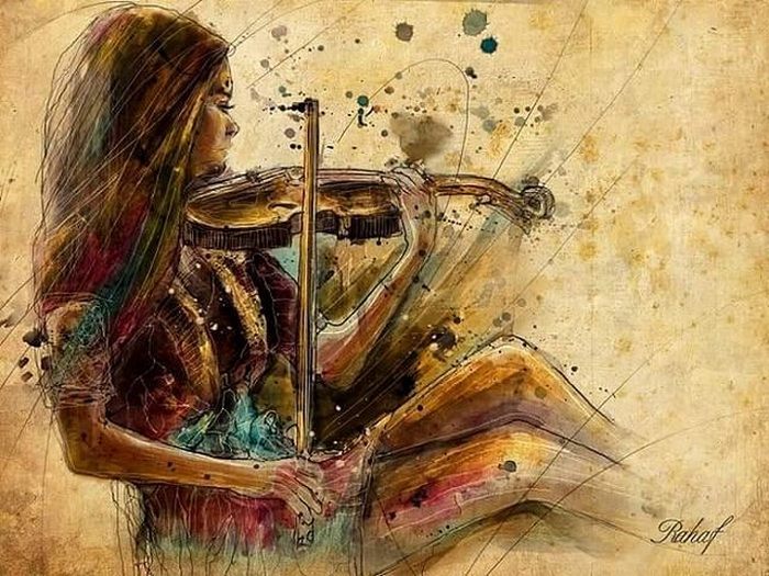 Не тревожь мне душу, скрипка. Автор: Rahaf Dk Albab. Сирийская художница рисует нежные акварельные портреты восточных красавиц