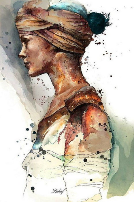 Портрет девушки. Автор: Rahaf Dk Albab. Сирийская художница рисует нежные акварельные портреты восточных красавиц
