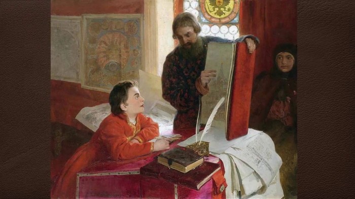 Дьяк Зотов обучает царевича Петра Алексеевича грамоте. (Художник: Лебедев К. В., 1903 год)./Фото: i.ytimg.com Дьяк Зотов обучает царевича Петра Алексеевича грамоте. (Художник: Лебедев К. В., 1903 год)./Фото: i.ytimg.com