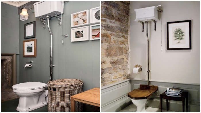 В современном интерьере такие варианты бачков тоже можно встретить, только не чугунные, а керамические / Фото: pinterest.fr В современном интерьере такие варианты бачков тоже можно встретить, только не чугунные, а керамические / Фото: pinterest.fr