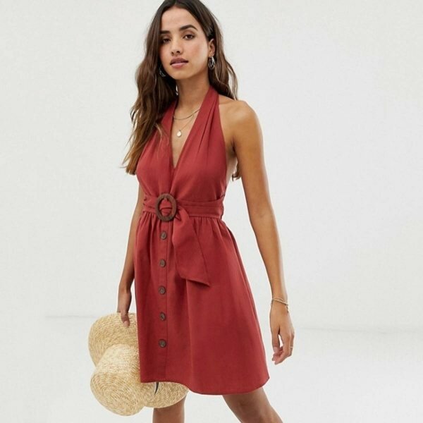 ASOS Halter Neck Mini Button-Through Linen Dress