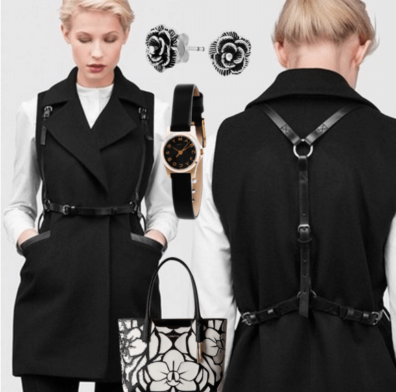 Чёрная портупея, белая блузка, удлинённый жакет, сумочка, часы, серьги