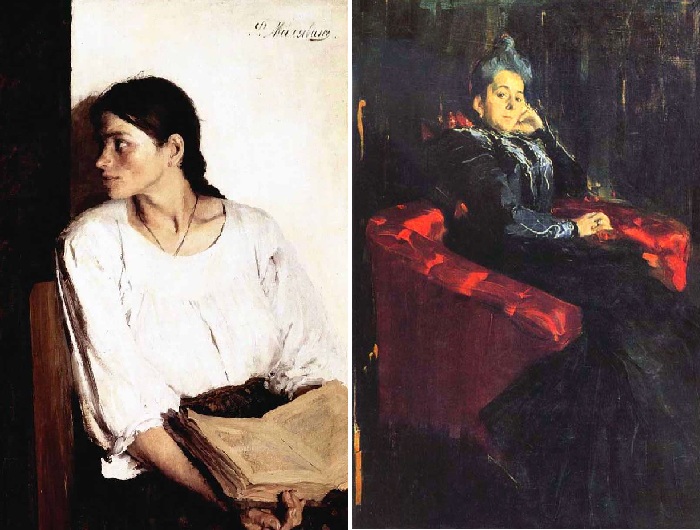 «За книгой. Портрет Александры Андреевны Малявиной». (1895 год). / «Портрет г-жи Поповой». (1899 год). Автор: Ф.Малявин. Взлёты и падения самого экспрессивного русского художника Серебряного века