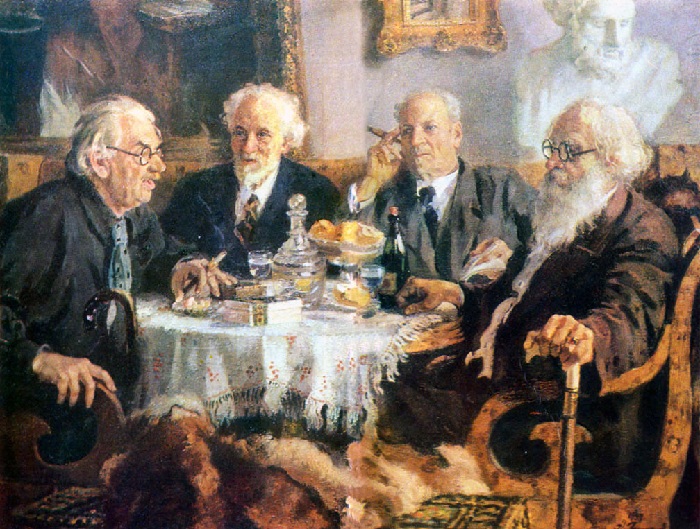 «Портрет старейших художников: Павлова И. Н., Бакшеева В. Н., Бялыницкого-Бирули В. К., Мешкова В. Н.» (1944год). Автор: А. Герасимов. «Портрет старейших художников: Павлова И. Н., Бакшеева В. Н., Бялыницкого-Бирули В. К., Мешкова В. Н.» (1944год). Автор: А. Герасимов.