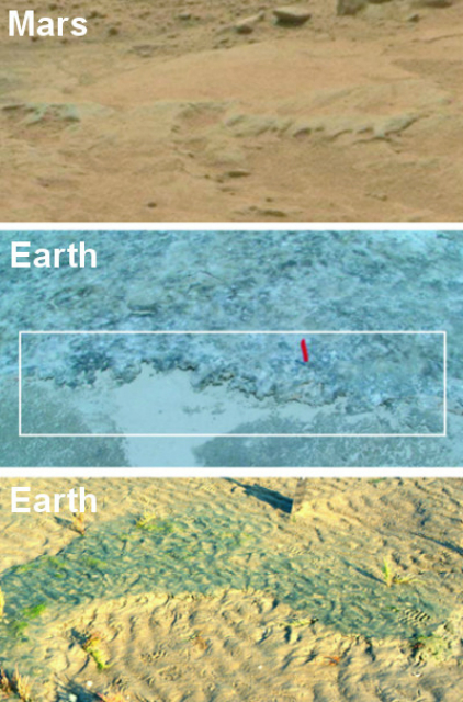 Эрозионные остатки на Марсе, а также на острове Портсмут, США (в середине) и на острове Меллум, Германия (фото NASA/ Nora Noffke). 