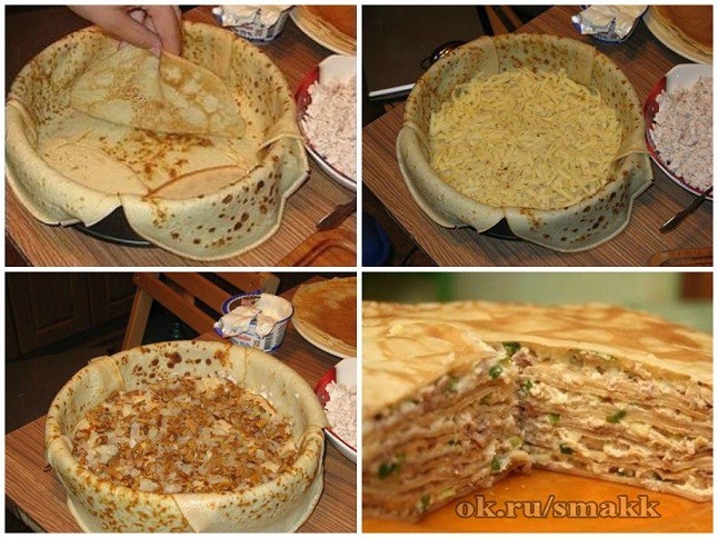 Блинный пирог с курицей и грибами Блинный пирог с курицей и грибами
