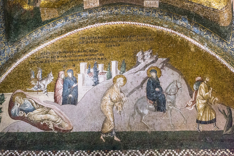 Сон Иосифа. Мария в окружении двух спутников. Путешествие в Вифлеем. Мозаики и фрески монастыря Хора.