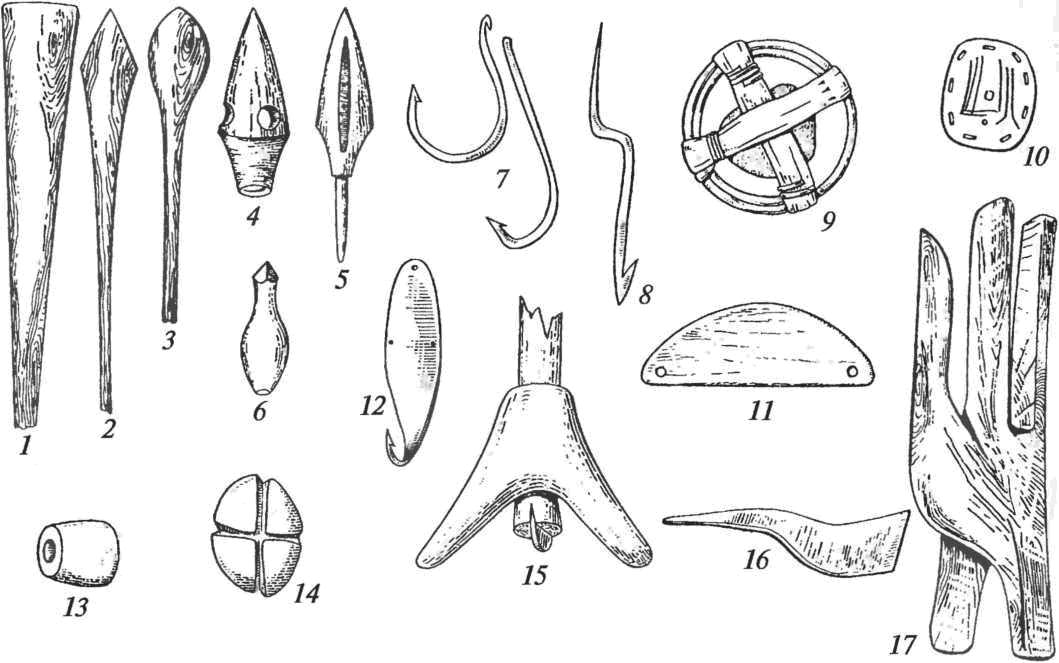 Принадлежности для охоты, рыболовства и промыслов: 1-6— стрелы (1-3— дерево, 4-6— кость); 7 — крючки рыболовные; 8— острога; 9, 13, 14 — грузила; 10-11 — поплавки; 12— блесна; 15— ботало; 16 — медорезка; 17 — лазиво бортника
