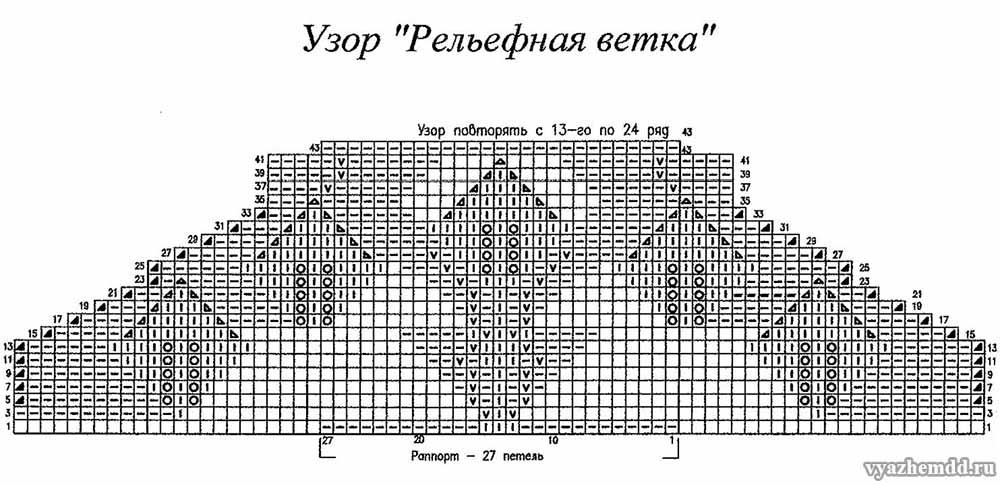 Схема узора листья на ветке спицами