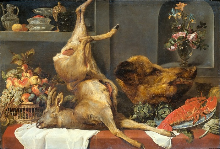 «Натюрморт с косулей, кабаньей головой, омаром и фруктами». (ок.1657) (Амстердам, Государственный музей). Автор: Франс Снейдерс. «Натюрморт с косулей, кабаньей головой, омаром и фруктами». (ок.1657) (Амстердам, Государственный музей). Автор: Франс Снейдерс.