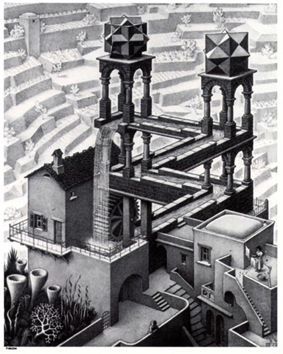 Литография «Водопад» (1961 г.) основана на «невозможном треугольнике» Пенроуза. Литография «Водопад» (1961 г.) основана на «невозможном треугольнике» Пенроуза.