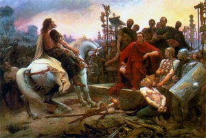 Верцингеториг (вождь антиримского восстания галлов) складывает оружие к ногам Цезаря. Художник Л.-H. Ройер. 1899 г. Пришел. Увидел. Победил. Гай Юлий Цезарь