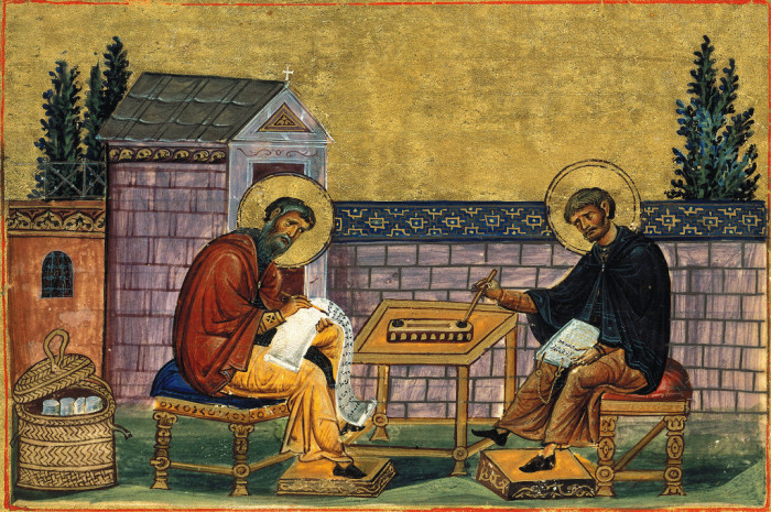 Преподобные Иоанн Дамаскин и святой Косьма. Иллюстрация из 'Минология Василия II'. Начало XI в. Ватикан. Преподобные Иоанн Дамаскин и святой Косьма. Иллюстрация из 'Минология Василия II'. Начало XI в. Ватикан.
