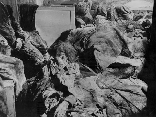 Dead bodies are pictured inside a so-called &quot;Bombenkeller&quot; in the John street in this undated handout photo taken after 1945 in Dresden