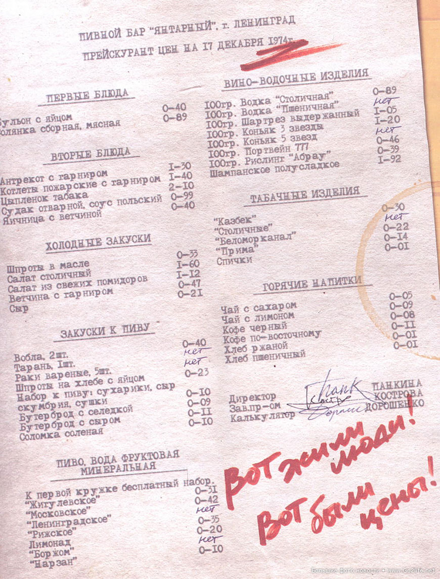 Прейскурант цен пивного бара в 1974 году