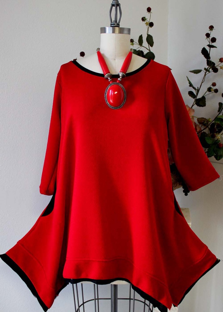 Designer, Plus size top Lagenlook, boho, Highend Tunic top in Red Color with matching scarf. $59.00, via Etsy.