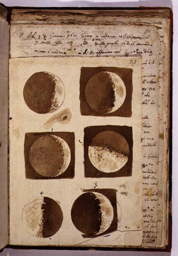 Зарисовки луны, сделанные Галилеем. Национальная центральная библиотека, Флоренция, 1609 г знаменитости, история, редкие кадры, фото