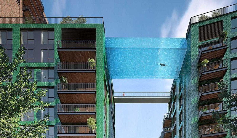 Проект стеклянного бассейна между двумя зданиями в Лондоне. Бассейн будет построен в первой половине 2017 года.