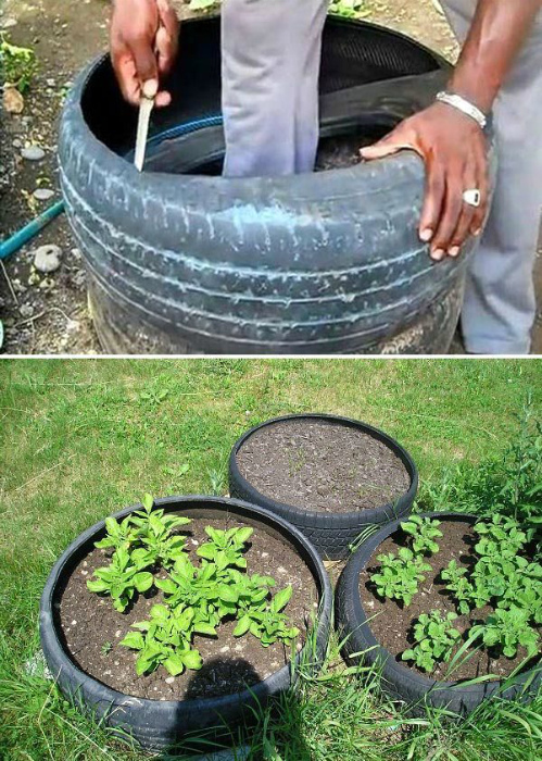 Приподнятые грядки из шин. | Фото: ProLandscape - Landscaping Ideas. 16 идей высоких грядок, которые позволят получить максимальный урожай и увеличить место в саду