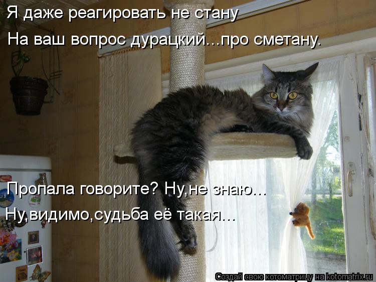 Я даже реагировать не стану На ваш вопрос дурацкий...про сметану. Пропала говорите? Ну,не знаю... Ну,... Я даже реагировать не стану На ваш вопрос дурацкий...про сметану. Пропала говорите? Ну,не знаю... Ну,видимо,судьба её такая...