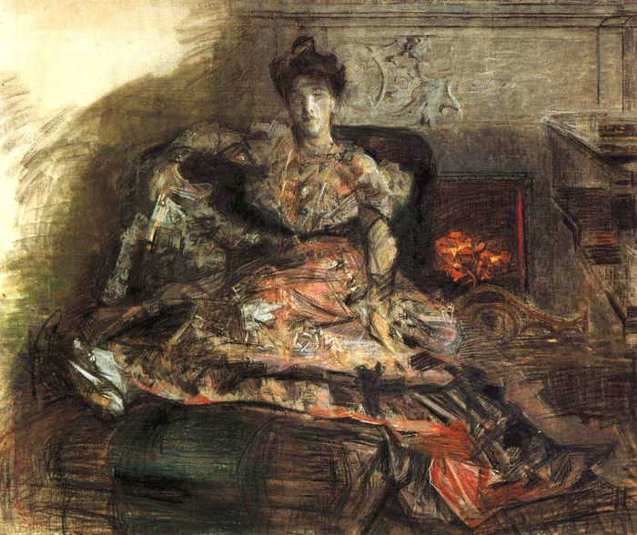 После концерта. Портрет Надежды Ивановны Забелы-Врубель у камина. 1905 год. Автор: Михаил Врубель. Какими были жены великих и знаменитых русских художников: Галерея женских портретов