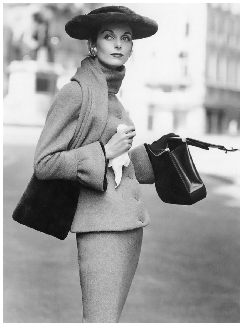Anne St. Marie in Fath’s wool suit with collar-scarf and cuffs trimmed in beaver, wide brimmed hat also beaver,Vogue, September 1955 Photo Henry Clarke.jpg Anne St. Marie in Fath’s wool suit with collar-scarf and cuffs trimmed in beaver, wide brimmed hat also beaver,Vogue, September 1955 Photo Henry Clarke.jpg