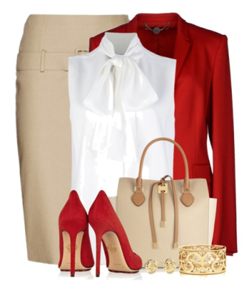Белая юбка с красным пиджаком и туфлями в тон