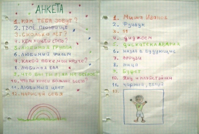 Тетрадь с анкетой, которая была у каждого ребенка. Тетрадь с анкетой, которая была у каждого ребенка.