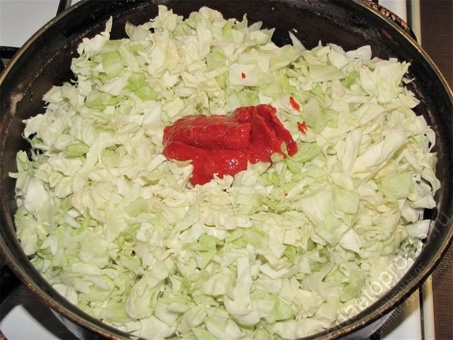 Выложить измельченную капусту в глубокую сковороду. Добавить томатную пасту и по вкусу соль. пошаговое фото приготовления кулебяки