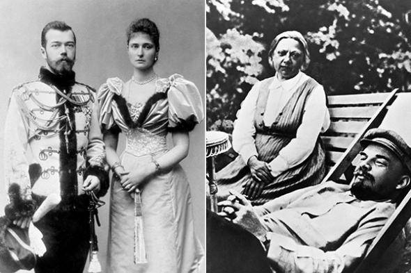 Слева направо: Император Николай II и императрица Александра Феодоровна в 1896 году. Владимир Ленин с женой Надеждой Крупской.
