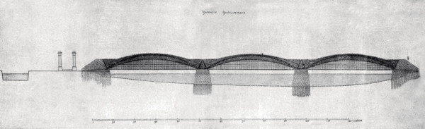 В 1810-х годах Кулибин занимался разработкой железных мостов. Перед нами проект трехарочного моста через Неву с подвесной проезжей частью (1814)
