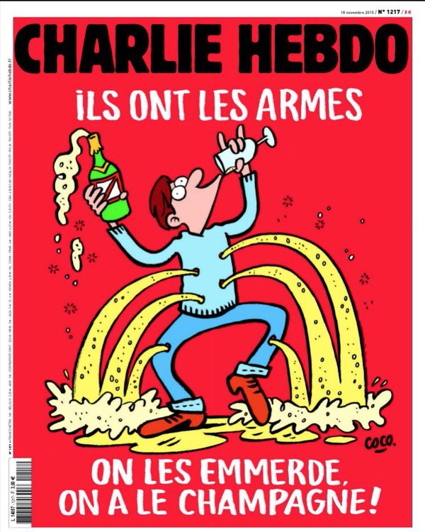 Charlie Hebdo изобразил раненого парижанина танцующим и пьющим шампанское Charlie Hebdo изобразил раненого парижанина танцующим и пьющим шампанское