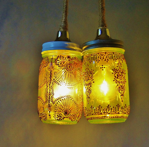 Moroccan Inspired Mason Jar Duo Pendant Light, Lime Green Glass with Copper Accents