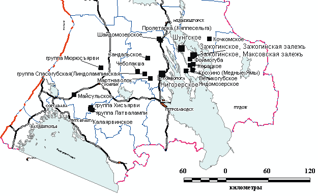 Распределение проявлений шунгита в Карелии