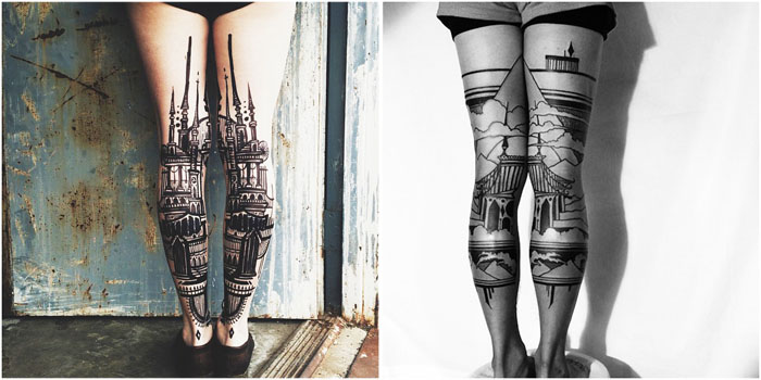 Диптих татуировок позади коленок от Thieves of Tower.