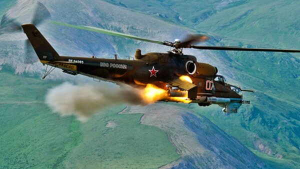Ми-24П ведет огонь НУРСами