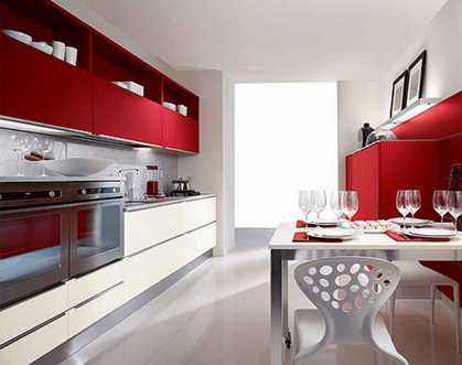 красные и кремовые шкафы на кухне