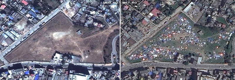 Вид с высоты птичьего полета на парк в Катманду до и после землетрясения землетресение, непал, памятники, разрушение, тогда и сейчас