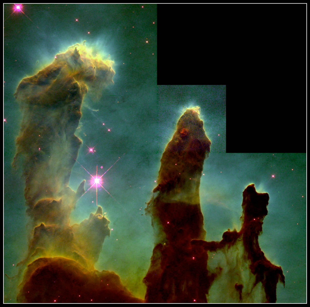 «Столпы творения» — активная область звёздообразования в Туманности Орёл. Снимок был сделан телескопом «Хаббл». (NASA on The Commons)