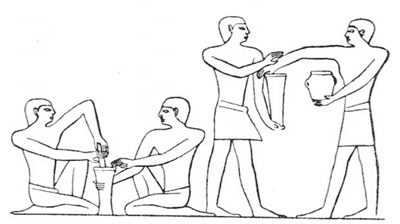 Торговцы смешивают разные масла. Рисунок из древнеегипетского захоронения в Саккаре, около 2400 г. до н.э. (из книги «A History of Technology», Oxford: Clarendon Press, 1956)