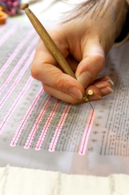 Tambour beading in process. Those lines are so straight! Learn how to embroider beads like this from experts who work for Chanel, Louis Vuitton and more at <a  data-cke-saved-href=