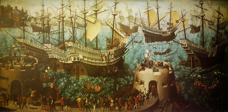 Погрузка экспедиции Генриха VIII на корабли в Дувре 31 мая 1520 года. Картина по рисунку Хольбайна. Показаны английские большие каракки - Война в Срединном море: Морея и Тунис | Военно-исторический портал Warspot.ru