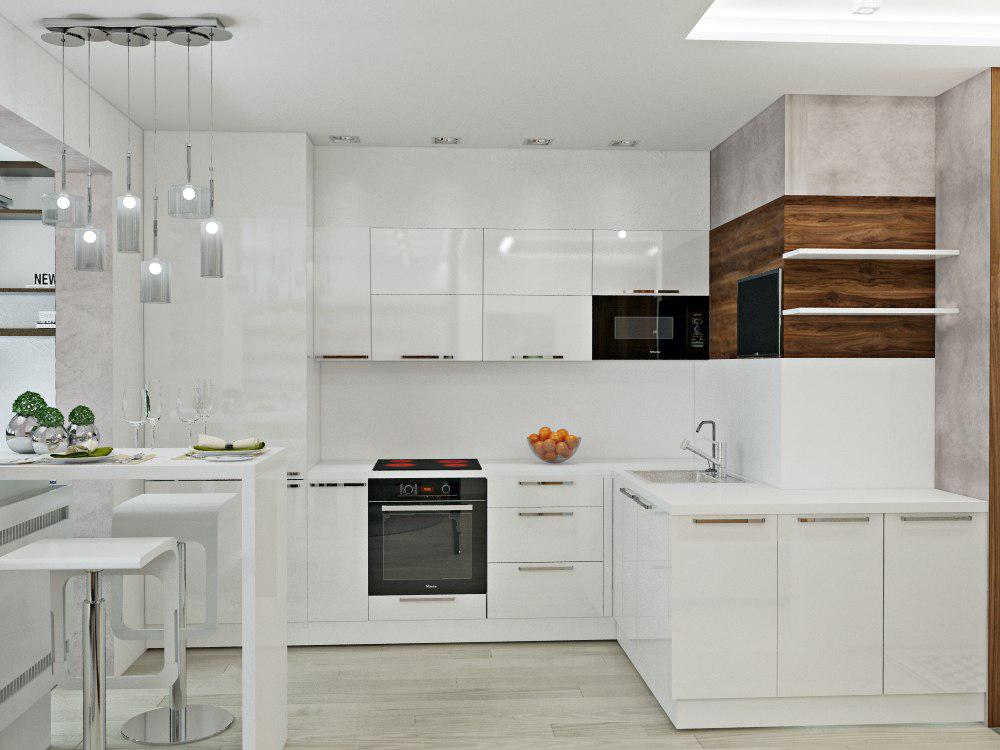 Дизайн квартиры для холостяка, белая кухня с барной стойкой