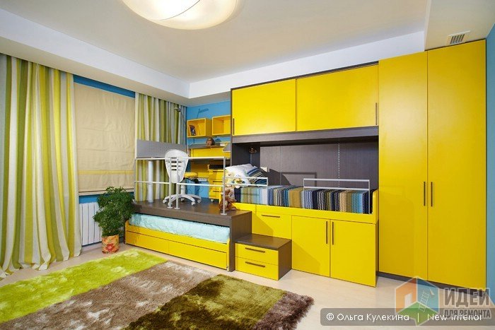 Дизайн детской комнаты, желтый шкаф в детской, яркая детская