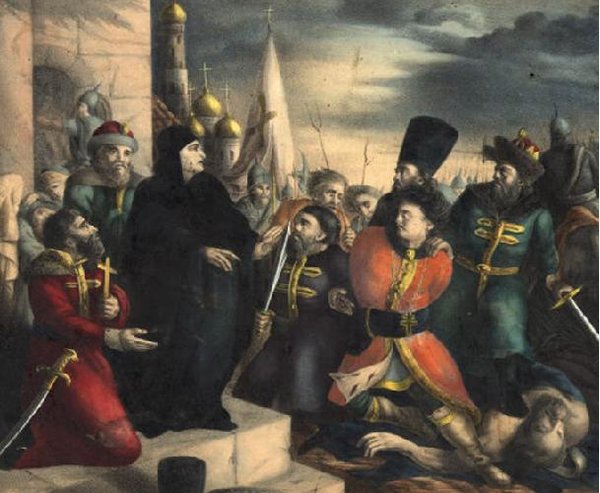 Царица Марфа обличает Лжедмитрия. Раскрашенная литография по эскизу В. Бабушкина.