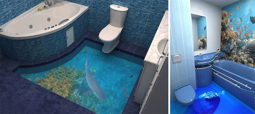 3D-полы, превращающие ванную комнату в океан  ванна, комната, наливной, пол