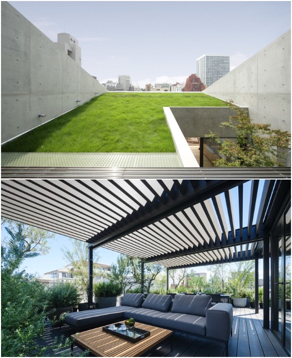 Отсутствие внутреннего двора легко заменяют функциональные крыши, где разбивают лужайки и целые сады с цветниками (Япония).