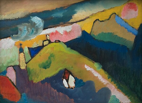 Василий Кандинский. Пейзаж 1910 года (Murnau am Staffelsee berglandschaft mit Kirche)