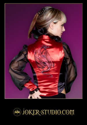 СУМЕРЕЧНЫЙ ДРАКОН ~ ГОТИЧЕСКАЯ БЛУЗА с ФЭНТЕЗИ РИСУНКОМ БАТИКОМ на АТЛАСЕ для СТИЛЬНОЙ ДЕВУШКИ